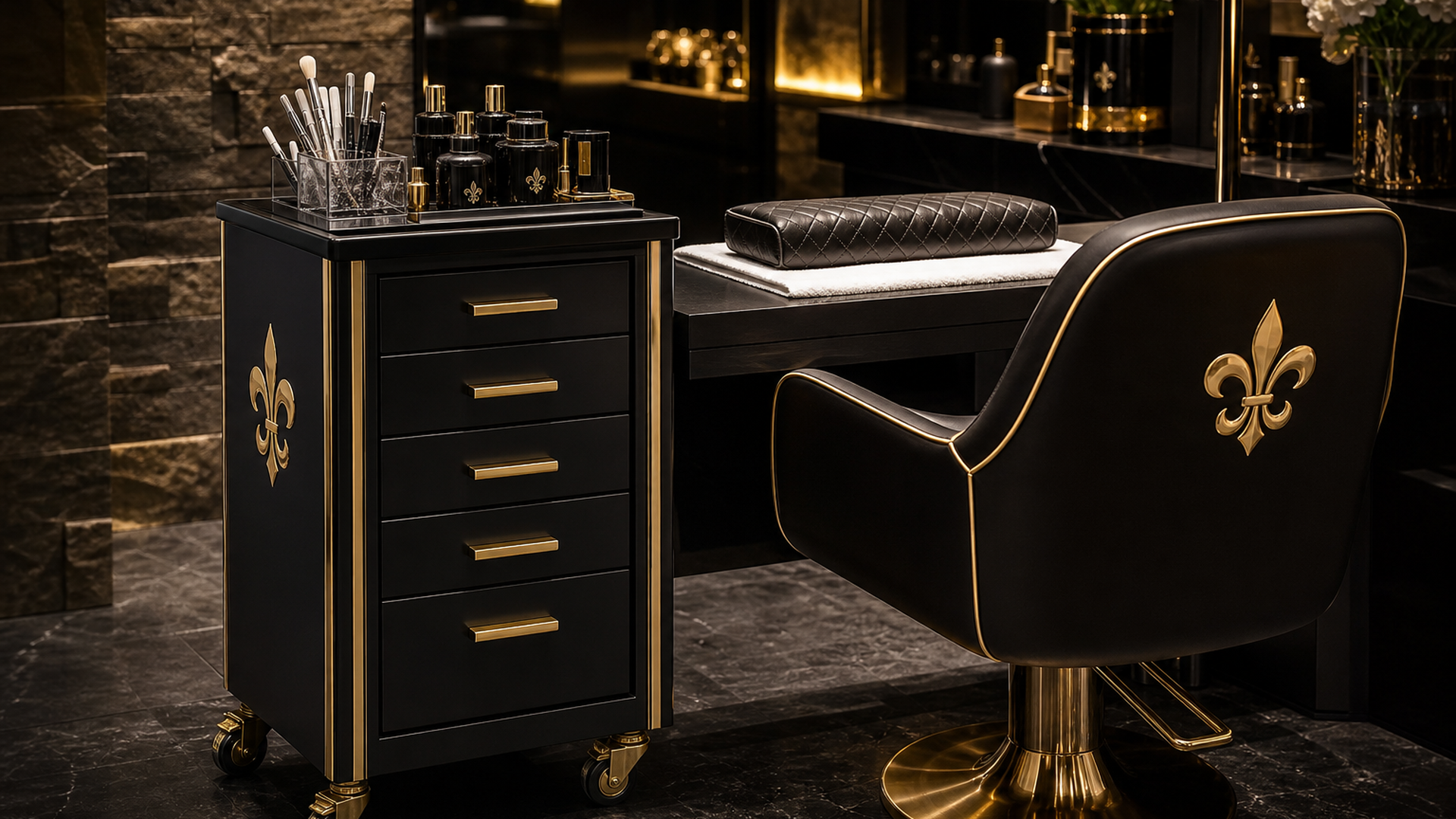 Black and gold rolling salon trolley with drawers beside a manicure chair — Lou Essentials station