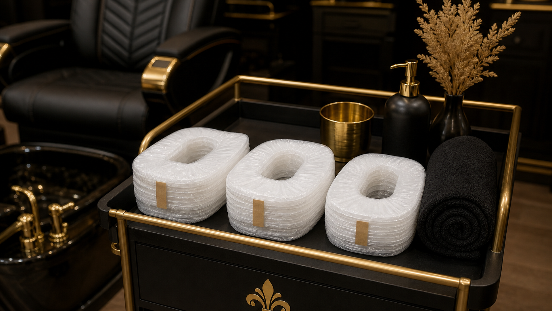 Thick HDPE disposable foot covers with fixing tabs beside a paraffin bath on a pedicure station — Lou Essentials