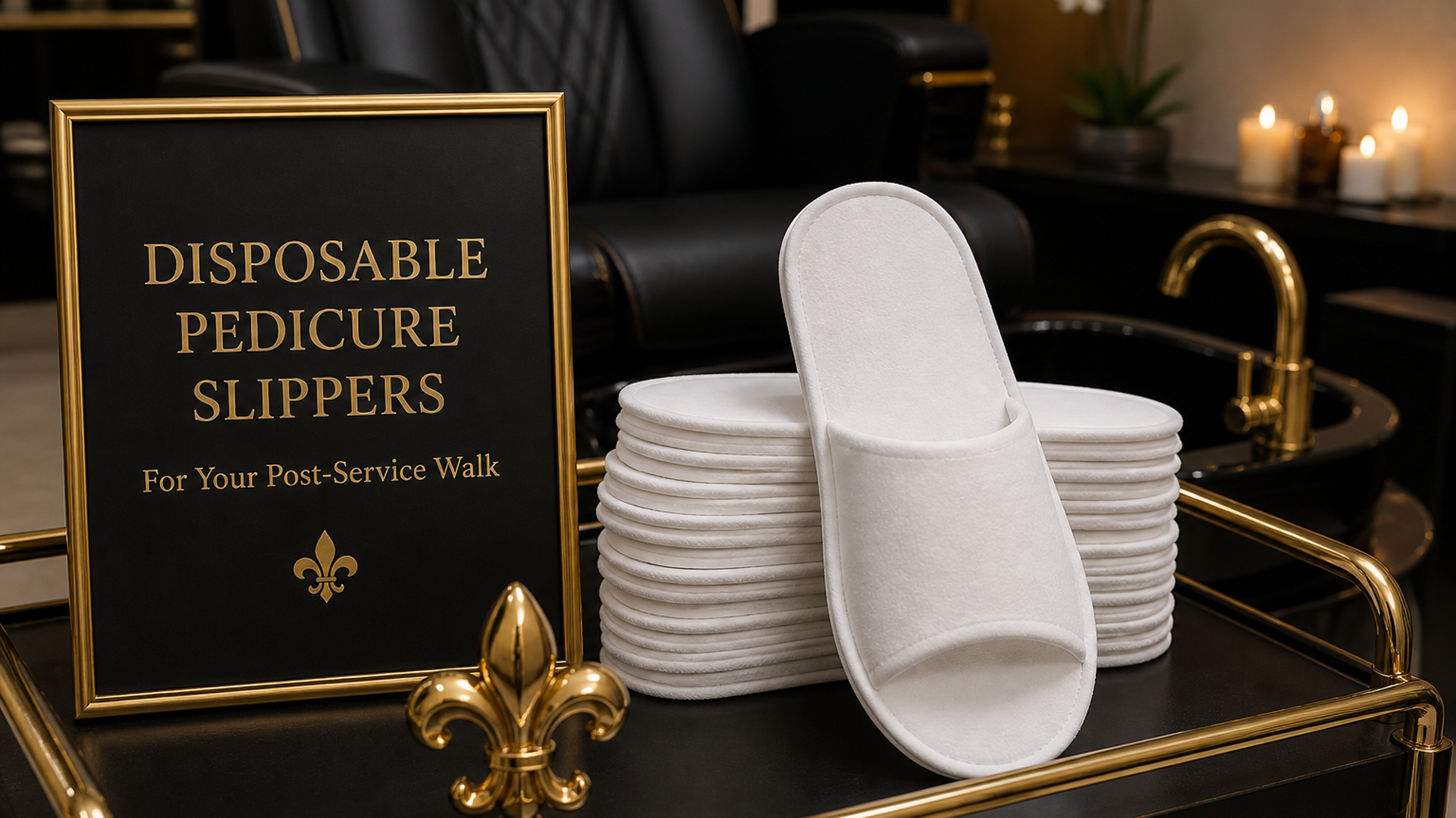 White EVA disposable pedicure slippers stacked on a black-and-gold trolley — Lou Essentials