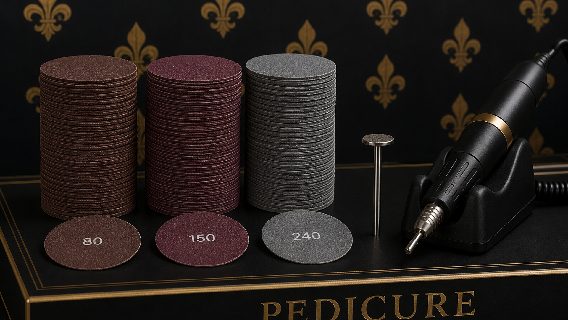 Stacks of 80, 150, and 240 grit 25mm sandpaper discs with a metal mandrel on a pedicure station — Lou Essentials