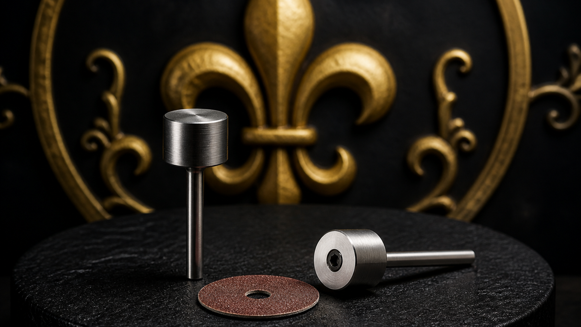 Two 25mm metal e-file mandrel bits and a sandpaper disc on a dark salon surface — Lou Essentials