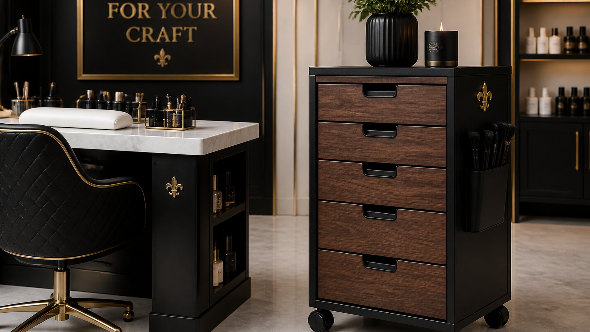 Wood-grain 5-drawer rolling chest beside a marble manicure desk — Lou Essentials
