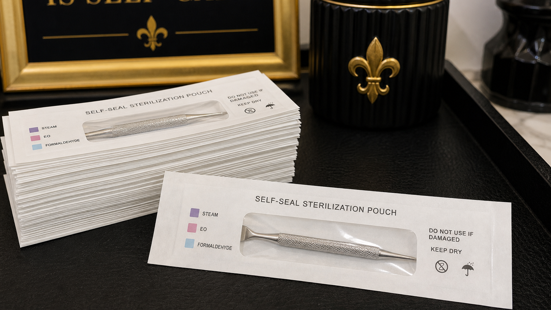 Self-sealing sterilization pouch with steam indicators and a packed pusher — Lou Essentials