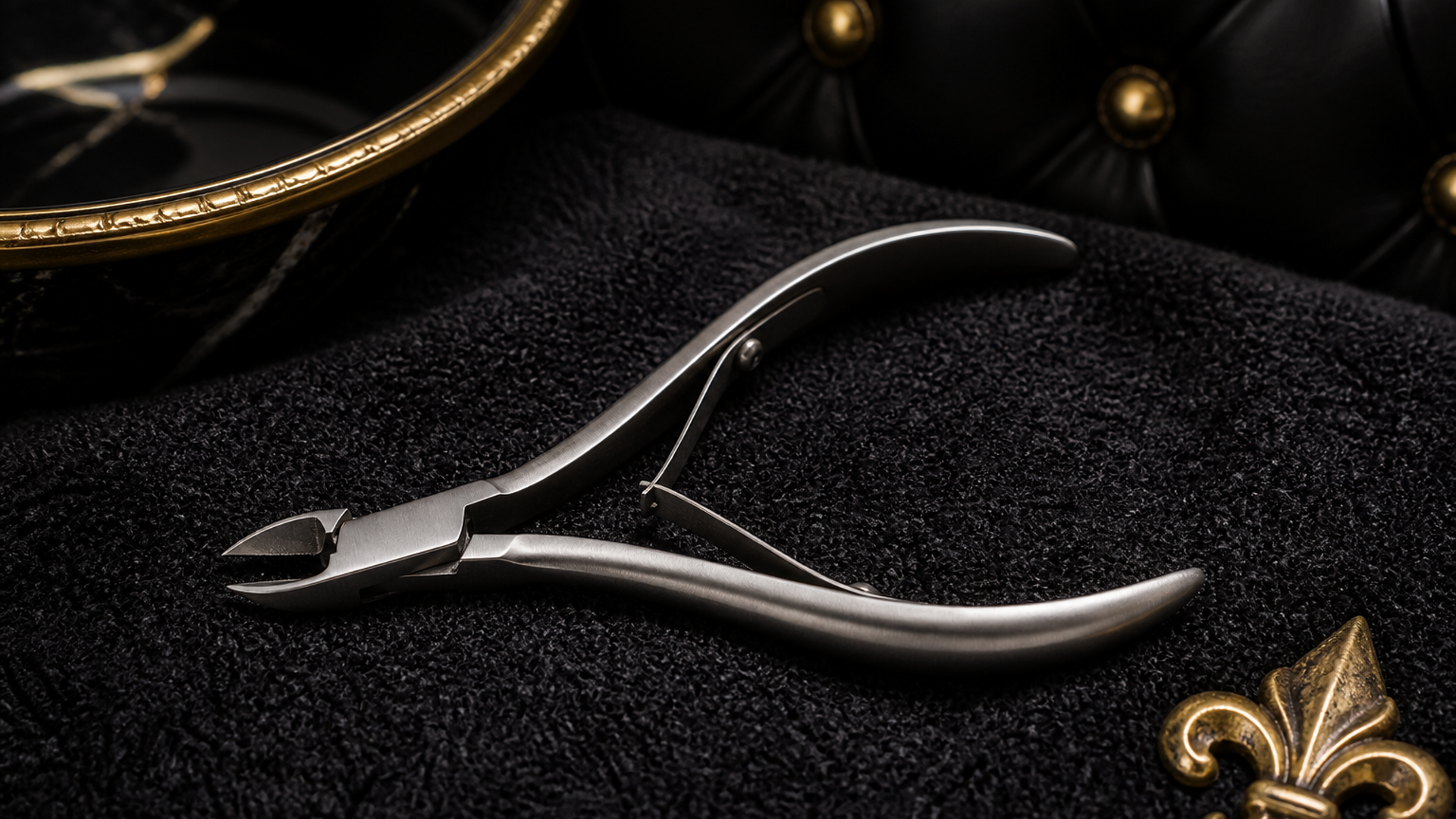Stainless ingrown-toenail nippers on a black towel at a gold-accented pedicure station — Lou Essentials
