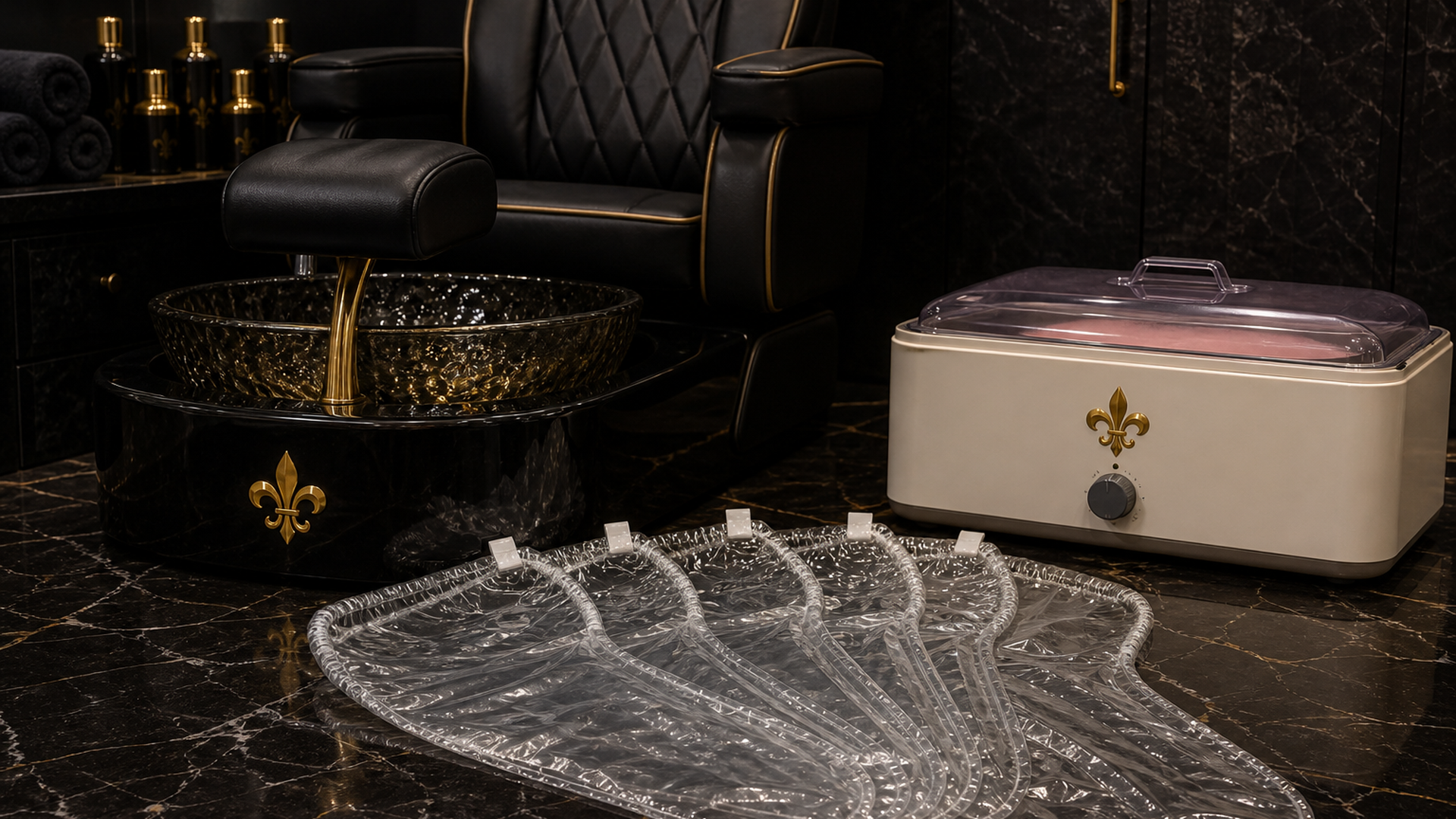 Bulk pack of reinforced PE foot covers and stickers on a pedicure trolley — Lou Essentials