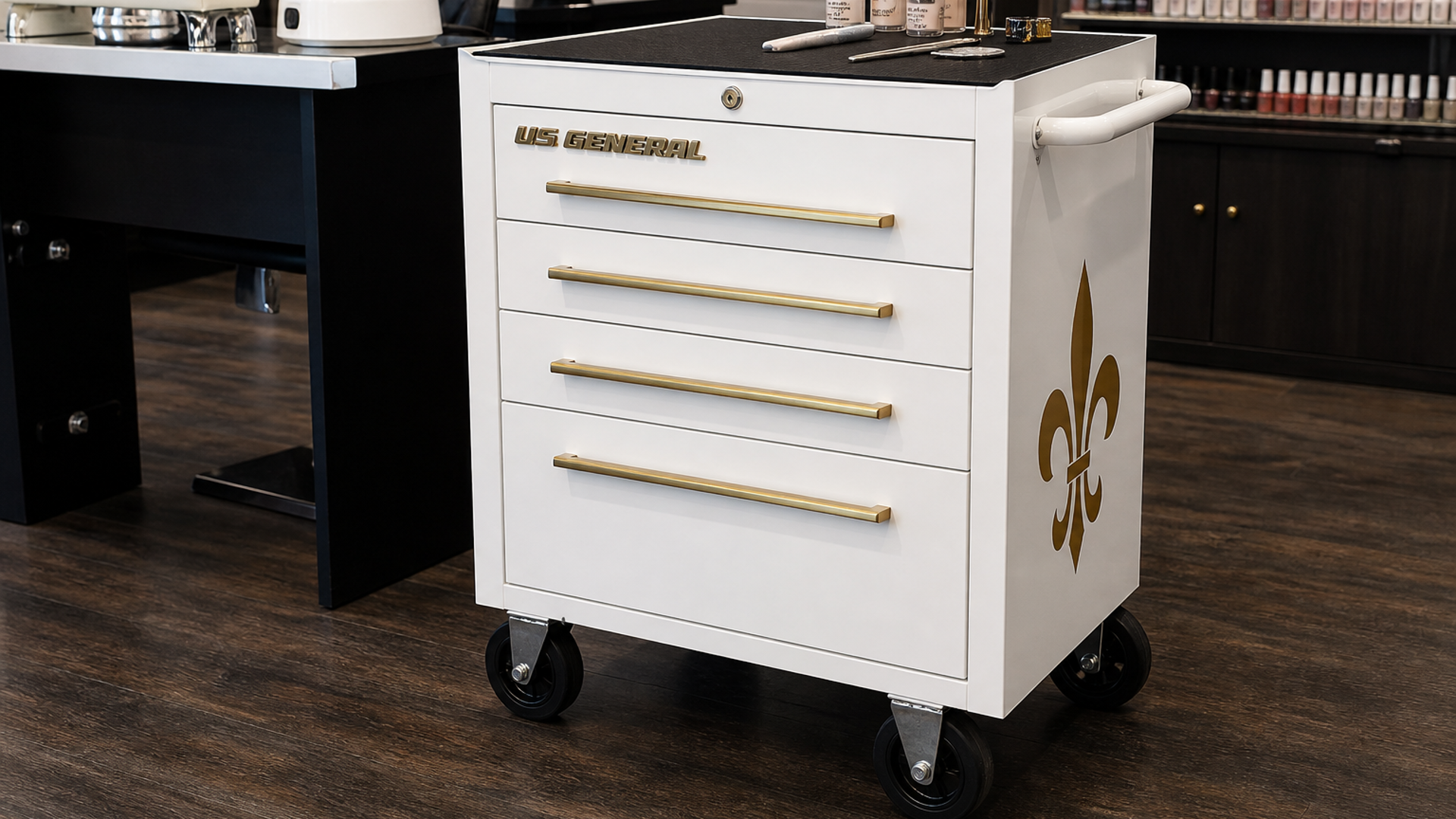 White US General 5-drawer steel mechanic's cart in a black-and-gold salon — Lou Essentials