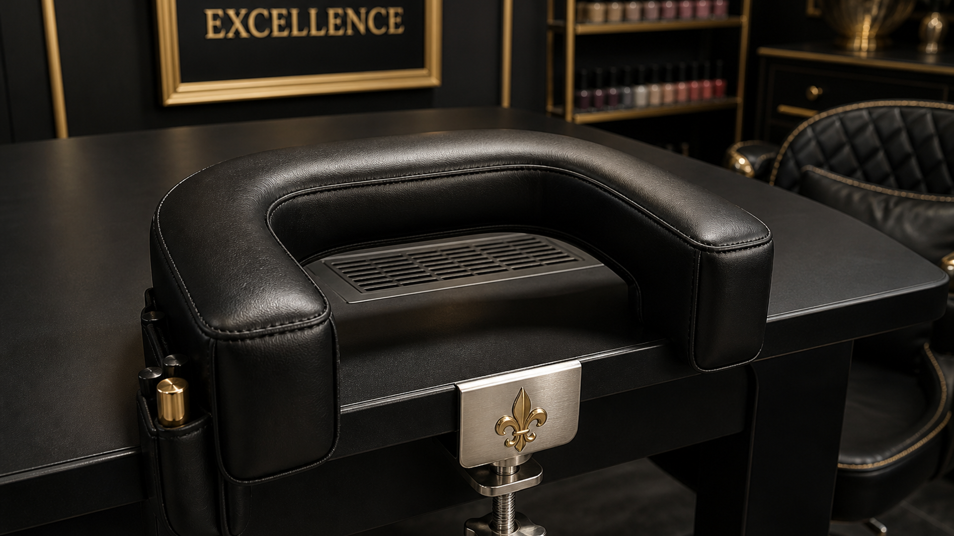 Black U-shaped leather manicure arm rest clamped to a manicure table — Lou Essentials